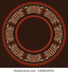 Isolated vector illustration. Round ethnic decor, frame or texture with Native American Mayan motifs. Ornate animal decor. Ancient Mexican mythology.