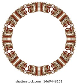 Isolated vector illustration. Round ethnic decor, frame or texture with Native American Mayan motifs. Ornate animal decor. Ancient Mexican mythology.