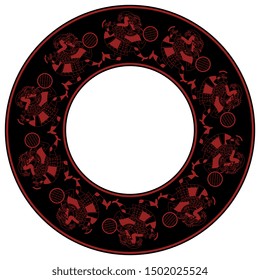 Isolated vector illustration. Round ethnic decor, frame or texture with silhouettes of fantastic running animal warriors. Ancient Peruvian tribal motif of Mochica Indians.