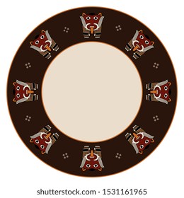 Isolated vector illustration. Round ethnic decor, frame or texture with fantastic creatures. Ancient Peruvian tribal motif of Nazca Indians.