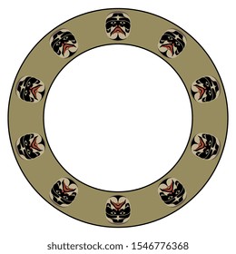 Isolated vector illustration. Round ethnic decor, frame or texture with Canadian Kwakiutl masks. Native American tribal art.