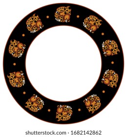 Isolated vector illustration. Round ethnic decor, frame or texture with ancient Mexican Mayan motifs. Native American Indian art. Fantastic jaguar heads.