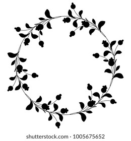 Isolated vector illustration. Round floral frame. Black silhouette on white background.