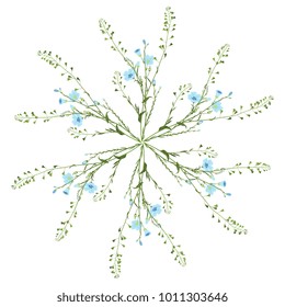 Isolated vector illustration. Round floral element made of shepherd's purse and flax plants.