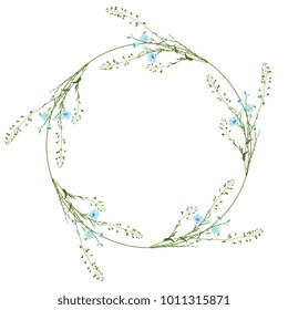 Isolated vector illustration. Round floral wreath of field flowers. Shepherd's purse and flax. 