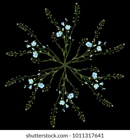 Isolated vector illustration. Round floral element made of shepherd's purse and flax plants. On black background.
