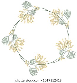 Isolated vector illustration. Round floral frame made of mimosa branches.