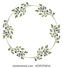 Isolated vector illustration. Round floral frame made of six of bilberry plant branches. Flat cartoon style.