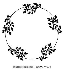 Isolated vector illustration. Round floral frame made of five blueberry plant branches. Black silhouette on white background.
