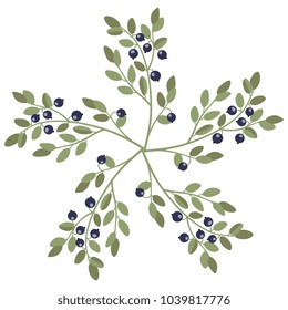 Isolated vector illustration. Round floral decor made of five branches of bilberry plant.