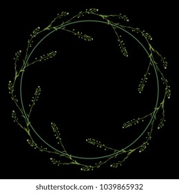 Isolated vector illustration. Round floral background or frame with wreath of shepherd's purse flowers. On black background.