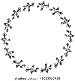 Isolated vector illustration. Round floral frame, border or texture with small bouquets of roses. Black silhouette on white background.