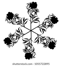 Isolated vector illustration. Round floral star made of six wild peony plants. Black silhouette on white background.