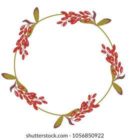 Isolated vector illustration. Round floral frame with five branches of dogwood or barberry plant with red berries. (Cornus or Berberis).