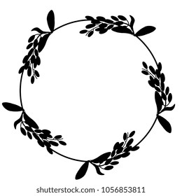 Isolated vector illustration. Round floral frame with five branches of dogwood or barberry plant with berries. (Cornus or Berberis). Black silhouette on white background.
