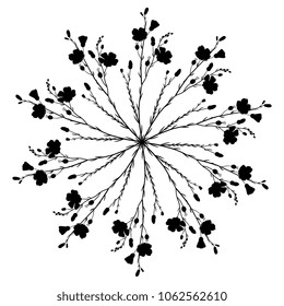Isolated vector illustration. Round floral decor made of eight flax plants. Black silhouette on white background.