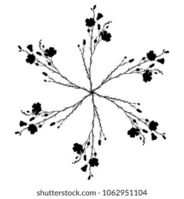 Isolated vector illustration. Round floral decor made of six flax plants. Black silhouette on white background.