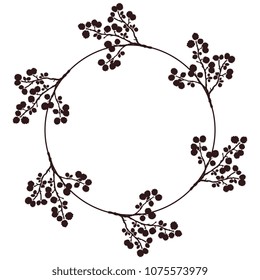 Isolated vector illustration. Round floral frame, border, decor made of six stylized dwarf birch branches. Black silhouette on white background.