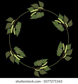 Isolated vector illustration. Round floral wreath with spring birch branches with catkins. On black background.