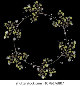 Isolated vector illustration. Round floral frame, border, decor. Wreath of stylized dwarf birch branches and snowflakes. On black background.