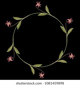 Isolated vector illustration. Round floral frame with dog's-tooth-violet or dogtooth violet plants. (Erythronium dens-canis). On black background.