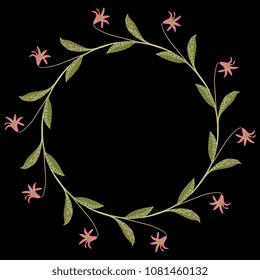 Isolated vector illustration. Round floral frame with dog's-tooth-violet or dogtooth violet plants. (Erythronium dens-canis). On black background.