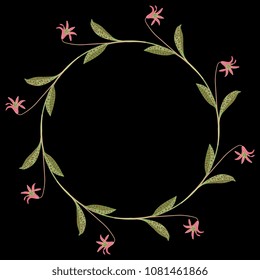 Isolated vector illustration. Round floral frame with dog's-tooth-violet or dogtooth violet plants. (Erythronium dens-canis). On black background.