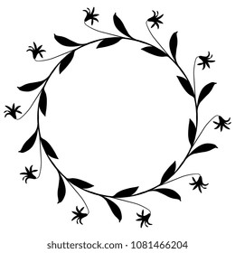 Isolated vector illustration. Round floral frame, border, decor. Wreath of wild flowers. Black silhouette on white background.