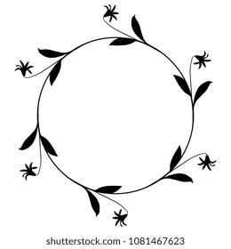 Isolated vector illustration. Round floral frame, border, decor. Wreath of wild flowers. Black silhouette on white background.