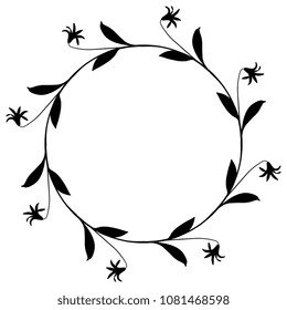 Isolated vector illustration. Round floral frame, border, decor. Wreath of wild flowers. Black silhouette on white background.