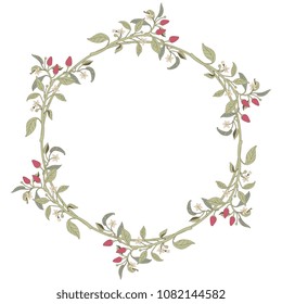 Isolated vector illustration. Round floral wreath with red chili pepper branches.
