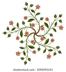 Isolated vector illustration. Round floral decorative mandala. Folk style.