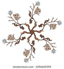 Isolated vector illustration. Round floral mandala with stylized flower branches and butterfly. Based on medieval motif.