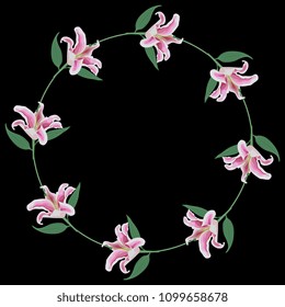 Isolated vector illustration. Round floral frame, border, decor with pink lily flowers. On black background.