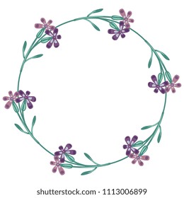 Isolated vector illustration. Round floral frame with stylized meadow flowers. Cartoon style.