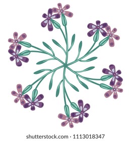 Isolated vector illustration. Round floral decor made of six stylized meadow flowers. Cartoon style.