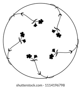 Isolated vector illustration. Round floral frame with delicate meadow flowers. Black silhouette on white background.