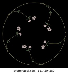 Isolated vector illustration. Round floral frame with delicate meadow flowers. On black background.