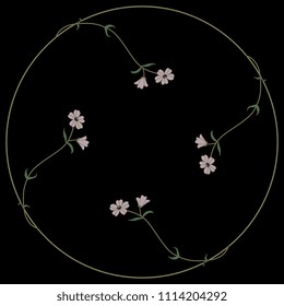 Isolated vector illustration. Round floral frame with delicate meadow flowers.