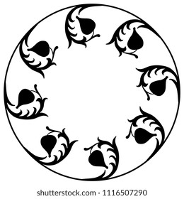 Isolated vector illustration. Round floral frame with stylized tulips. Black silhouette on white background.