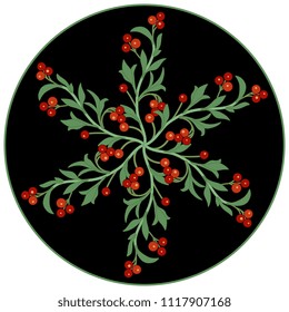 Isolated vector illustration. Round floral mandala made of stylized branches with red berries in a circle. Folk style.
