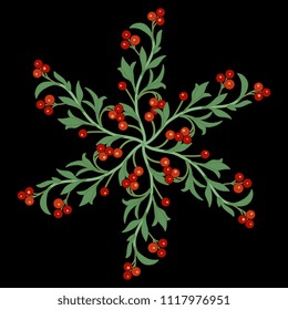 Isolated vector illustration. Round floral decor, star or mandala made of six branches with red berries. Folk style. On black background.