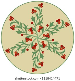 Isolated vector illustration. Round floral mandala made of stylized branches with red berries in a circle. Folk style.