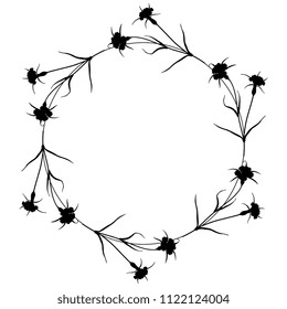 Isolated vector illustration. Round floral frame or border with corn cockle flowers. (Agrostemma Githago.) Black silhouette on white background.