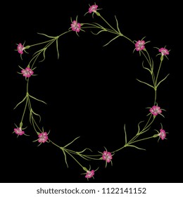 Isolated vector illustration. Round floral frame or border with corn cockle flowers. (Agrostemma Githago.) On black background.