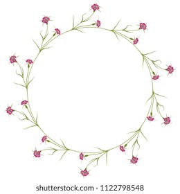 Isolated vector illustration. Round floral frame or border with corn cockle flowers. (Agrostemma Githago.)