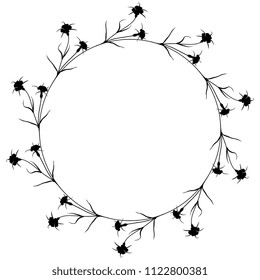 Isolated vector illustration. Round floral frame or border with corn cockle flowers. (Agrostemma Githago.) Black silhouette on white background.