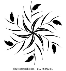 Isolated vector illustration. Round floral decor, star or mandala made of reed or cane branches. Black silhouette on white background.