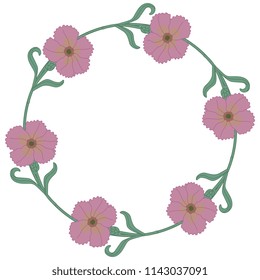 Isolated vector illustration. Round floral decor or frame with wild carnation flowers.