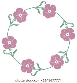 Isolated vector illustration. Round floral decor or frame with wild carnation flowers. Two colors silhouette.